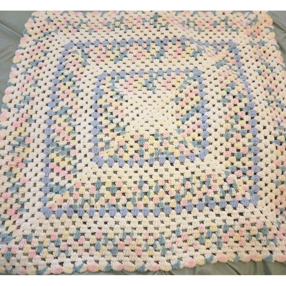 Hand Crocheted Baby Blanket 32x35 in‎ Square Pastels Vintage  Never Used Unisex